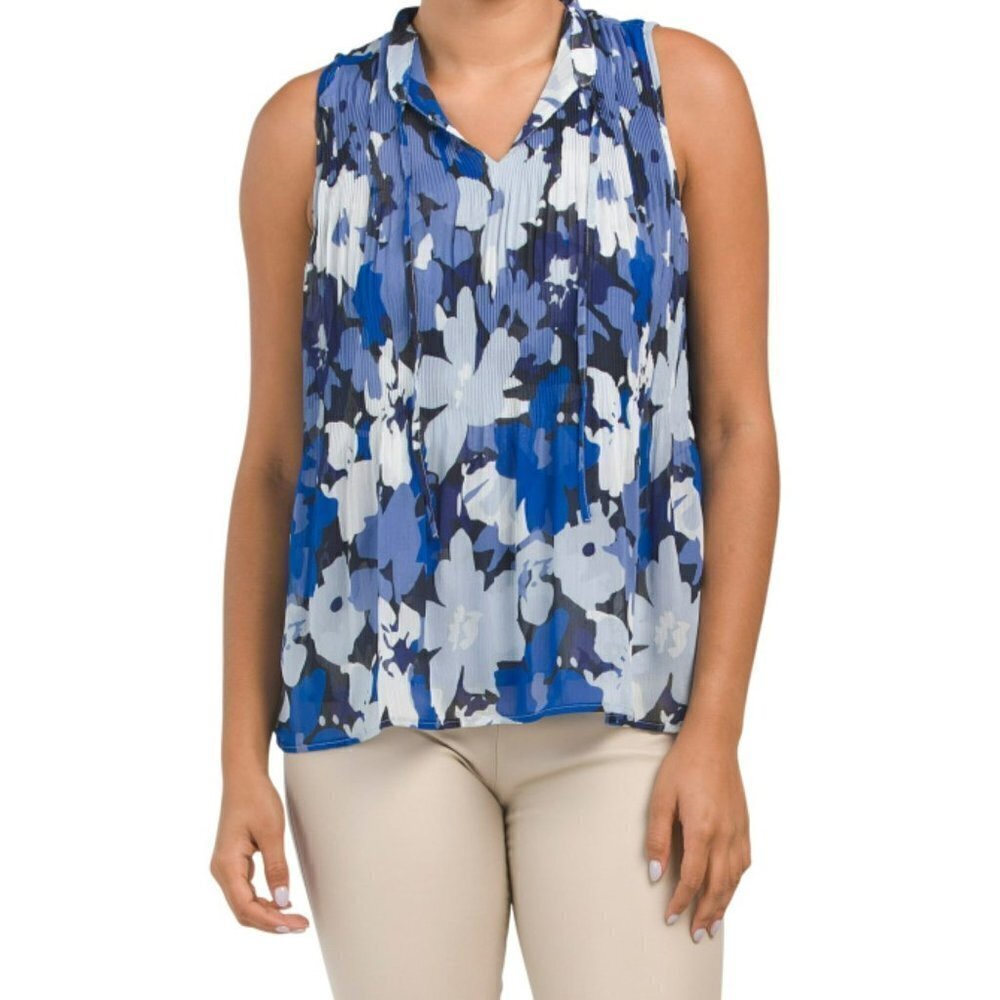 NWT ELLEN TRACY Women's Floral Print Tie Neck Pleated Sleeveless Blouse